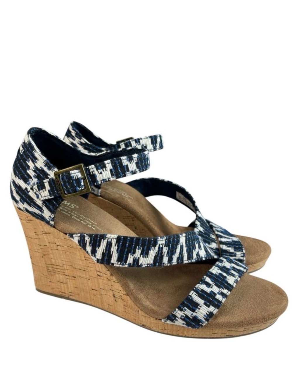 TOMS Women's Wedge Sandals Size 8.5 Blue White Ankle Strap Cork Heel‎ Open Toe